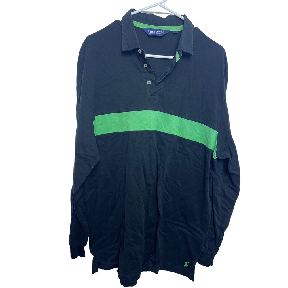 Polo Golf Ralph Lauren Men Large Black Green Stripe Pima Cotton Long Sleeve Polo